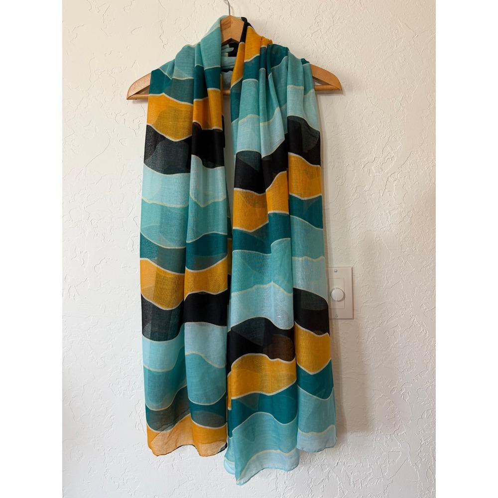 Printed Village Abstract Wave Lightweight Scarf Turquoise Blue Gold Black OS